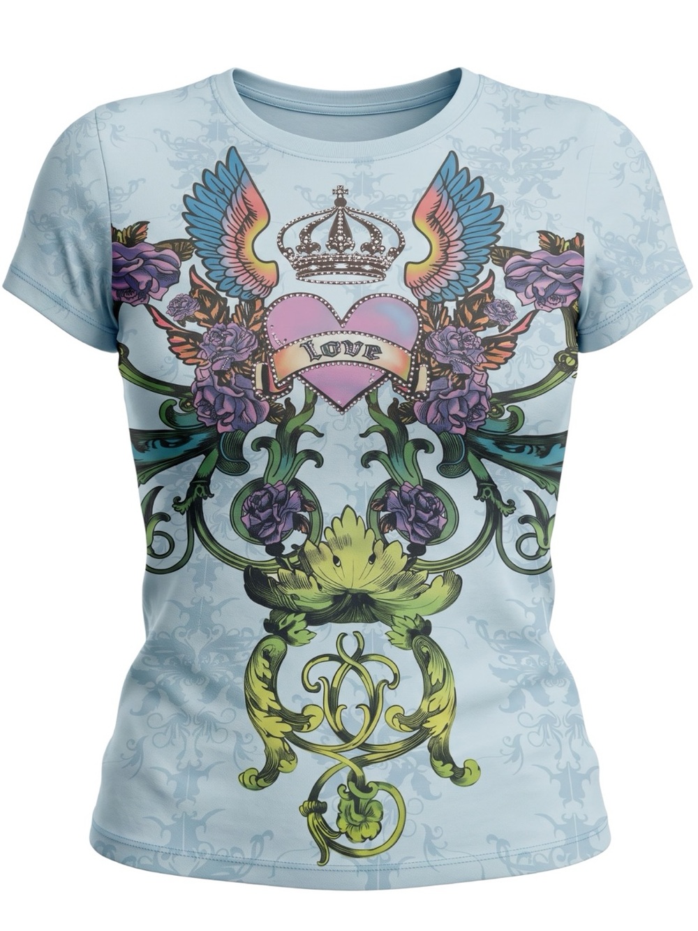 Vintage Apt9 Light Blue 'Love' Rhinestone Crown Graphic Short Sleeve Tee Women's